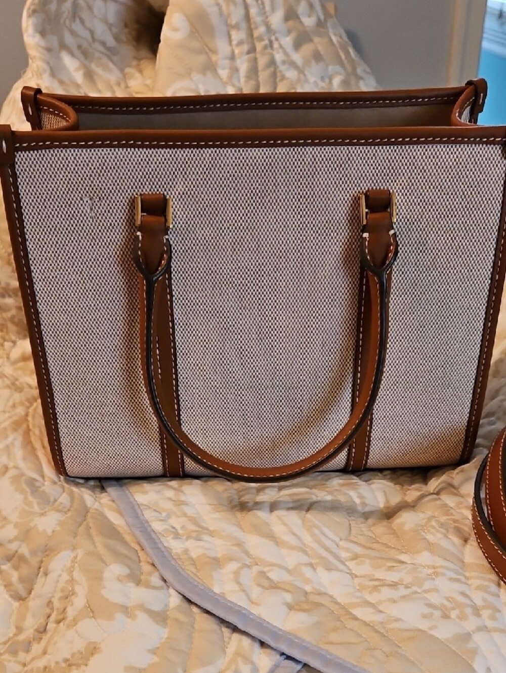 Tory Burch Blake Cream Canvas Satchel with Brown Leather Trim - Picture 9 of 15